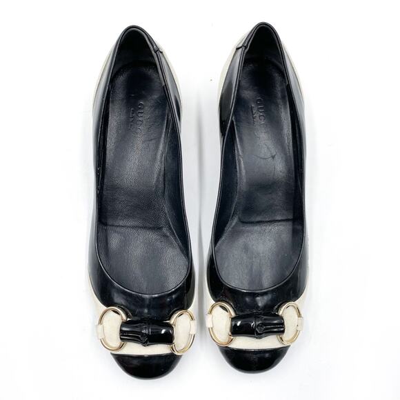 Gucci Patent Leather Pumps Black White Suede Bamboo Horsebit Low Heel Sz 37 / 7 - Picture 3 of 10